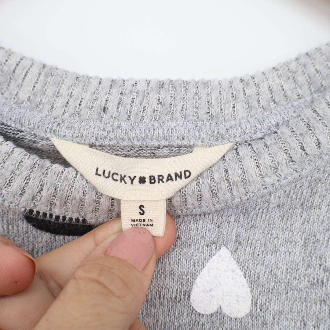 Lucky Brand Gray Heart Print Pullover Sweatshirt Womens Small Crew Neck