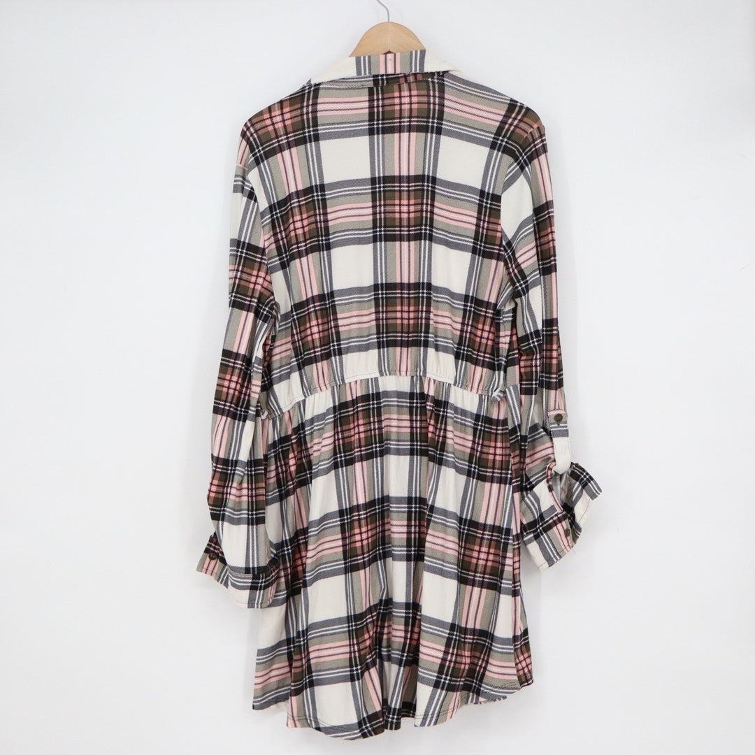 Derek Heart Pink White Black Plaid Empire Waist Roll Tab Tunic Top XL