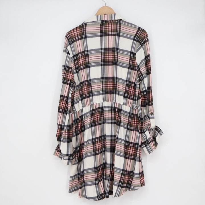 Derek Heart Pink White Black Plaid Empire Waist Roll Tab Tunic Top XL