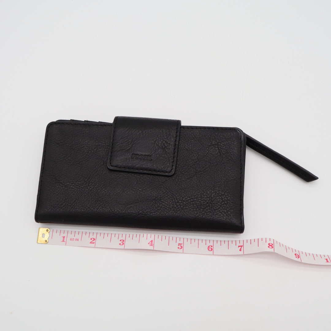 Fossil Logan Rfid Tab Clutch Womens Black Leather Zip Coin Pocket Bifold Wallet