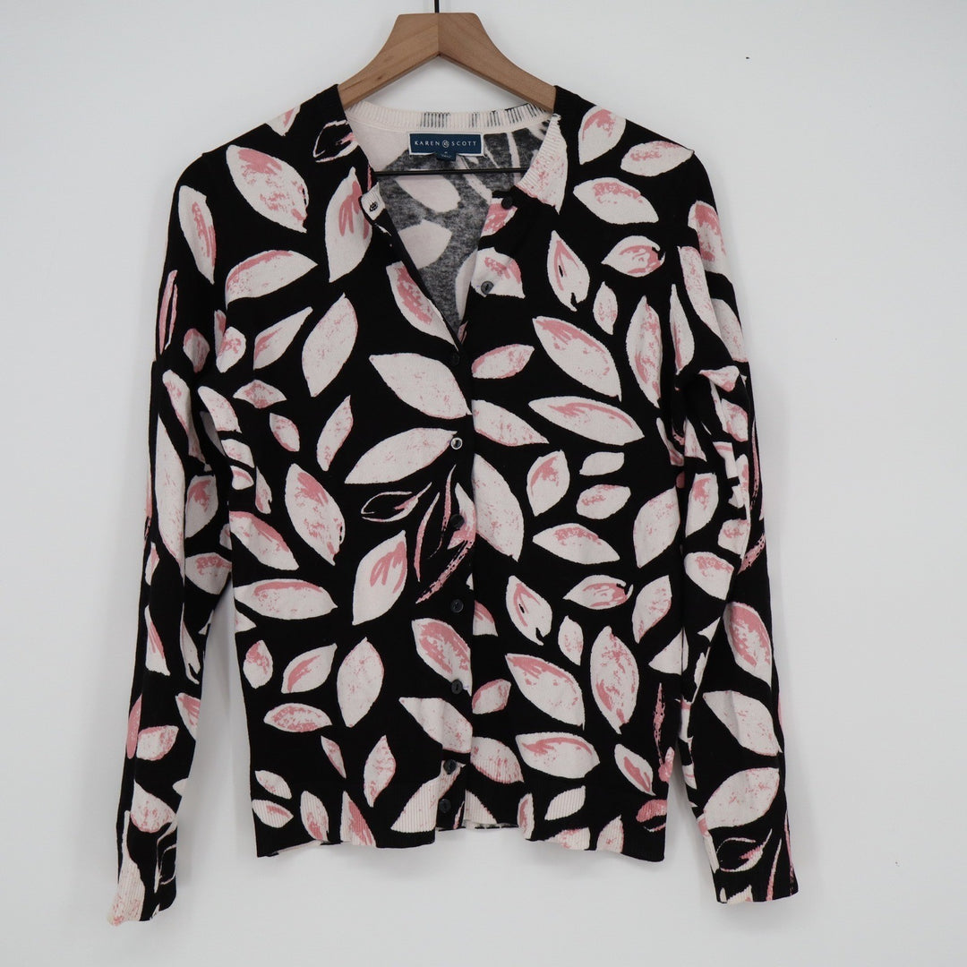 Karen Scott Womens Pink Black Leaf Print Button Front Cardigan Sweater Small