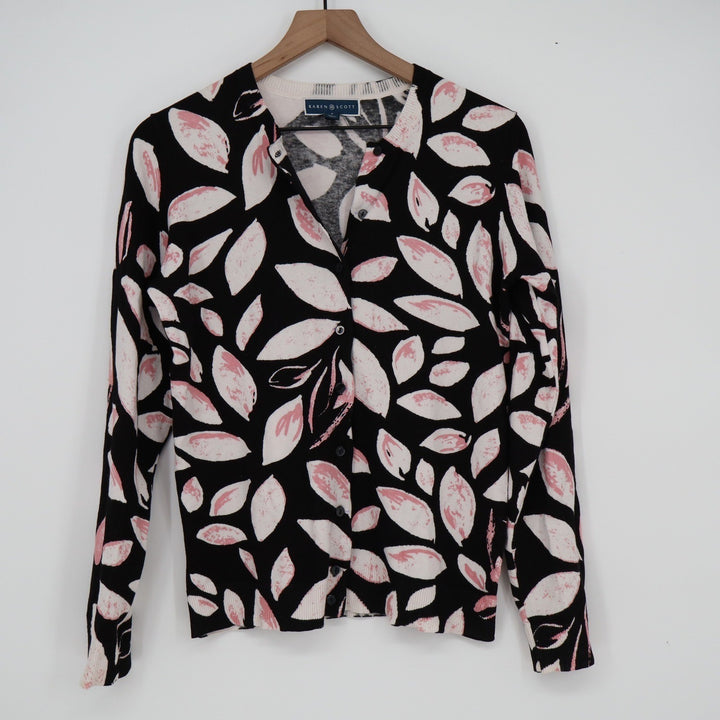 Karen Scott Womens Pink Black Leaf Print Button Front Cardigan Sweater Small