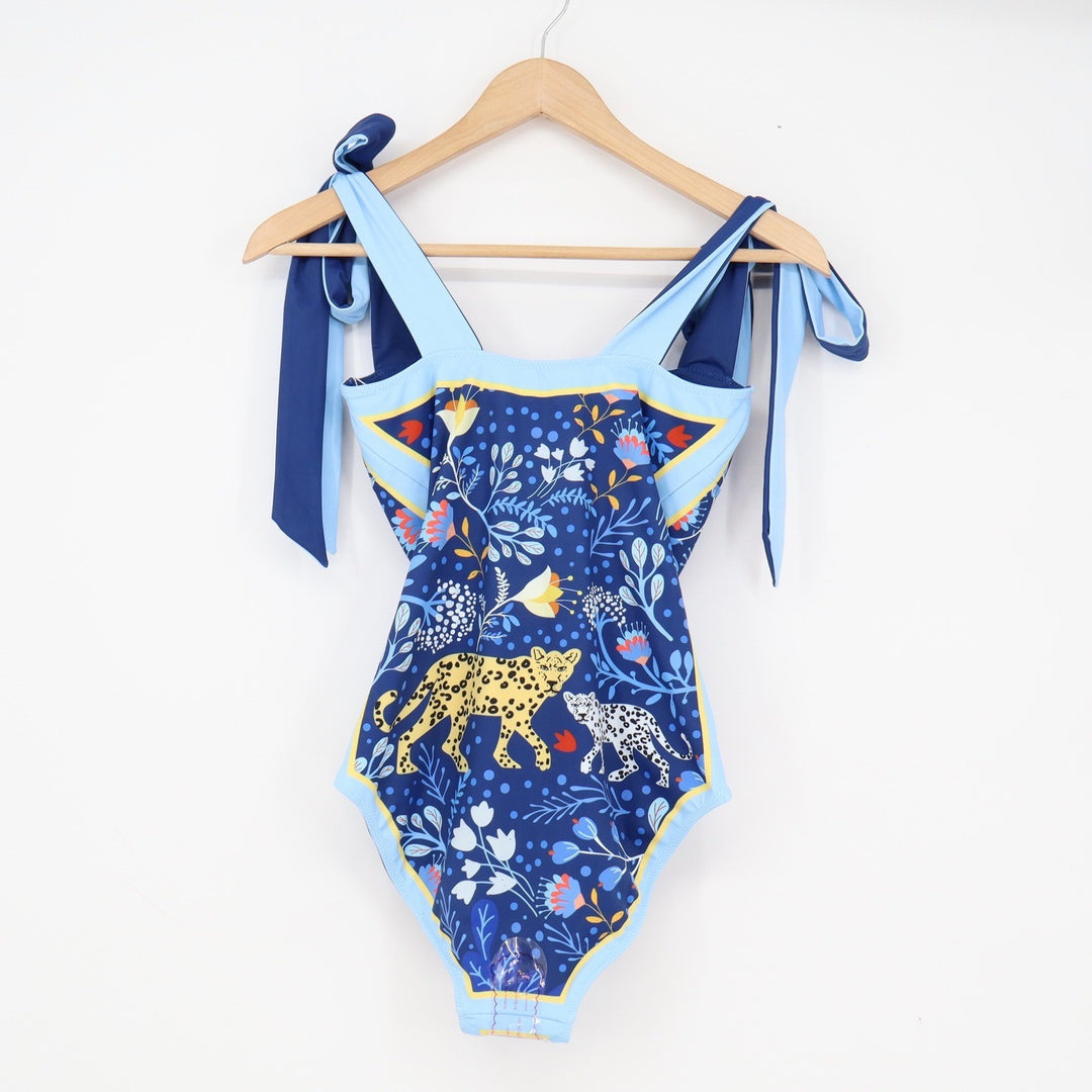 Jessie Zhao Blue Leopard Botanical Tie Shoulder One Piece Swimsuit Size M New