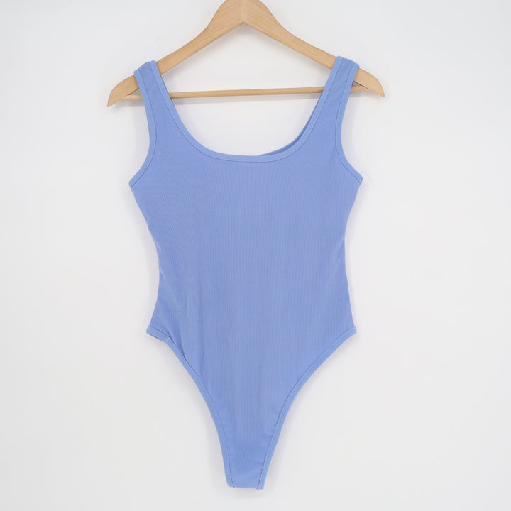 One Piece Bodysuit Womens Medium Blue Cotton Knitted Square Neck Wide Strap