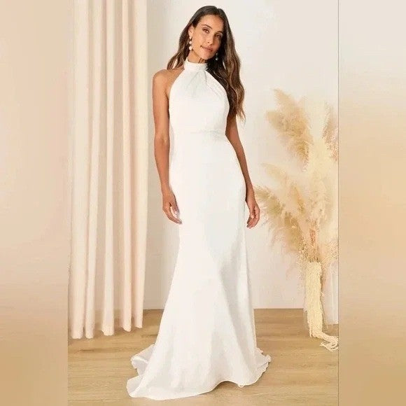 Lulus Eternity Together White Satin Halter Mermaid Maxi Dress Size L