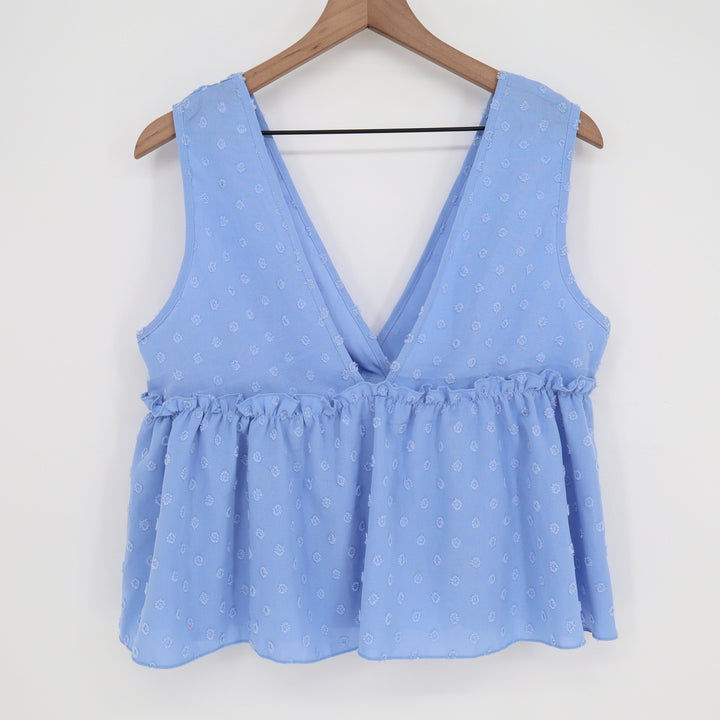 SHEIN Blue Swiss Dot V-Neck Ruffle Empire Waist Peplum Sleeveless Top Large