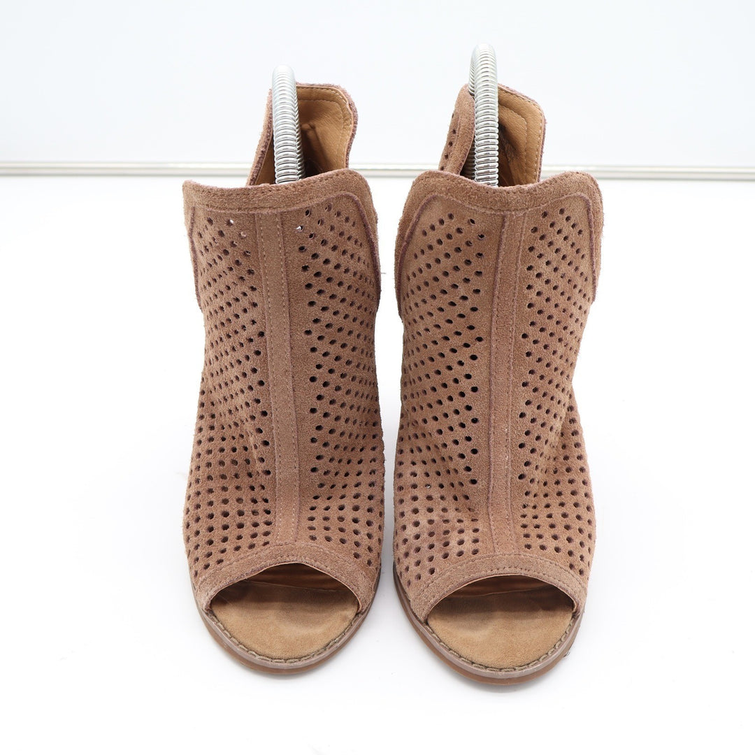 Lucky Brand Larise Tan Perforated Suede Peep Toe Booties Stacked Heel Size 6M