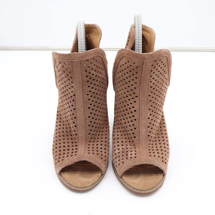 Lucky Brand Larise Tan Perforated Suede Peep Toe Booties Stacked Heel Size 6M