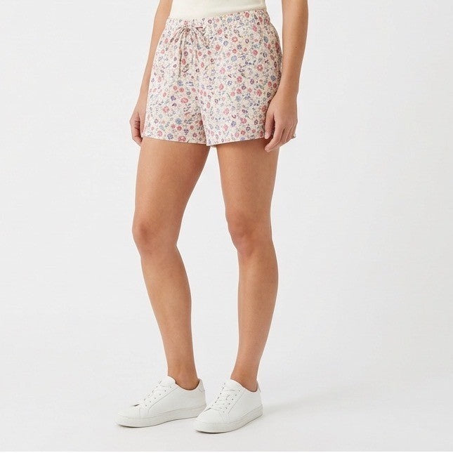 Shorts Womens Medium White Floral Cotton Slash Pockets Comfort Drawstring Waist