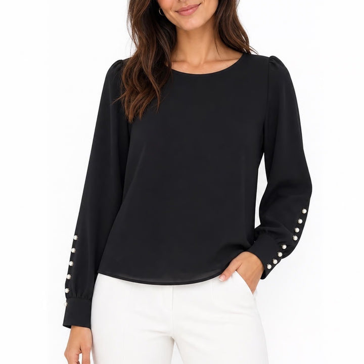 Express Black Pearl Button Cuff Long Sleeve Scoop Neck Blouse Medium