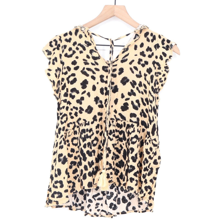 Main Strip Leopard Print Peplum Blouse Tan Black Ruffle Sleeve Tassel M