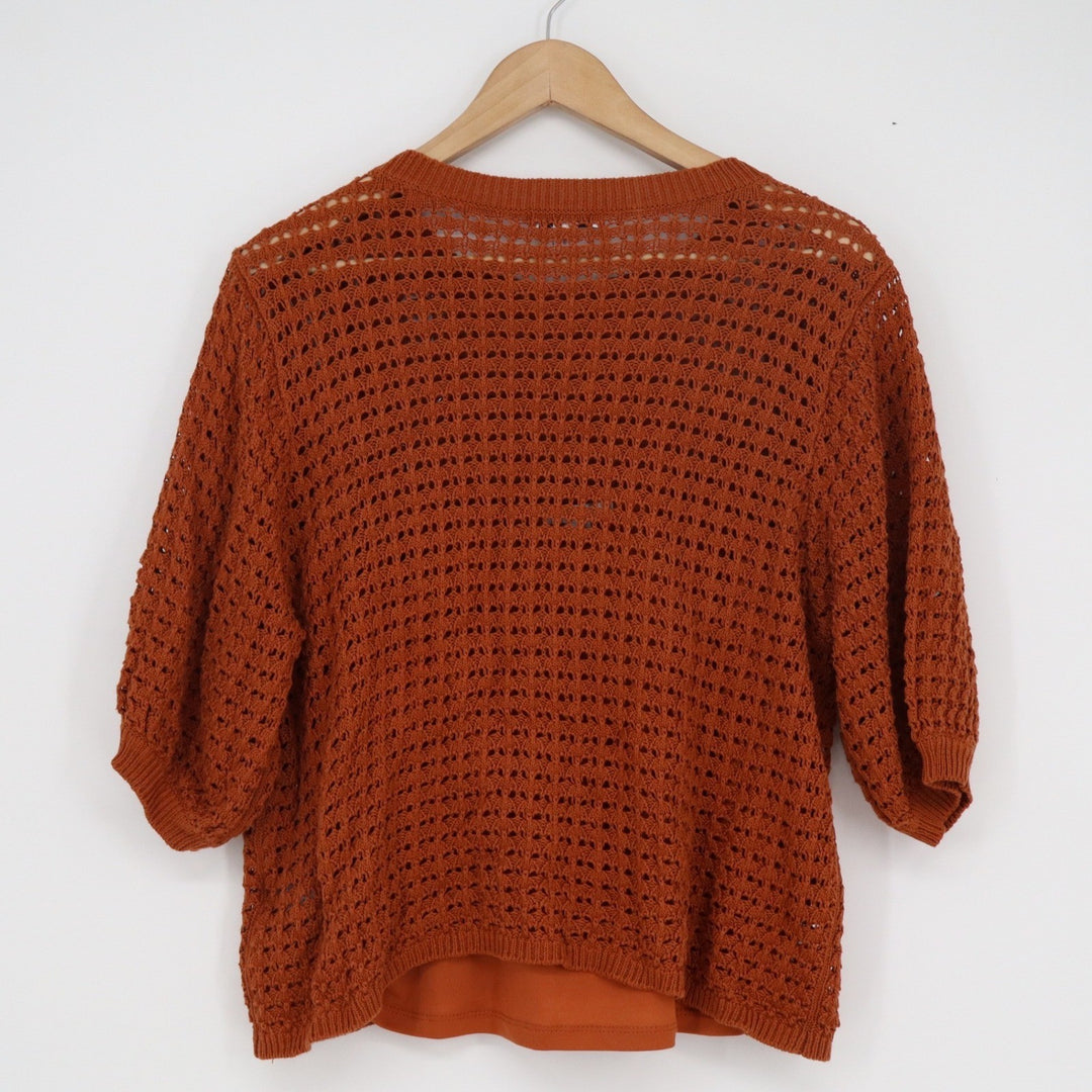 Nine West Burnt Orange Crochet Open Knit Short Sleeve Sweater Top Large