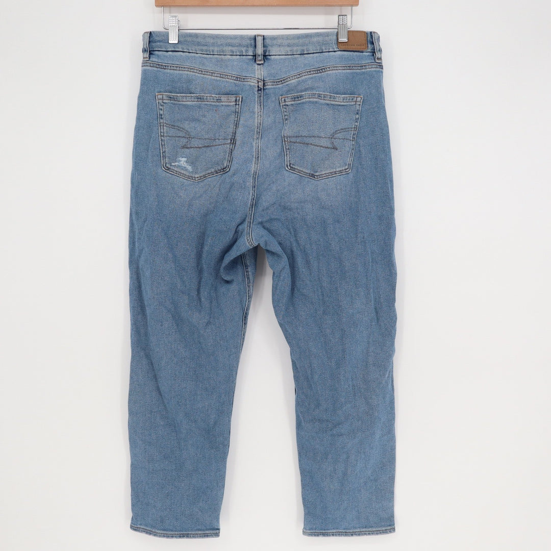 American Eagle Mom Jeans Size 14 Short Light Wash Distressed High Rise Stretch