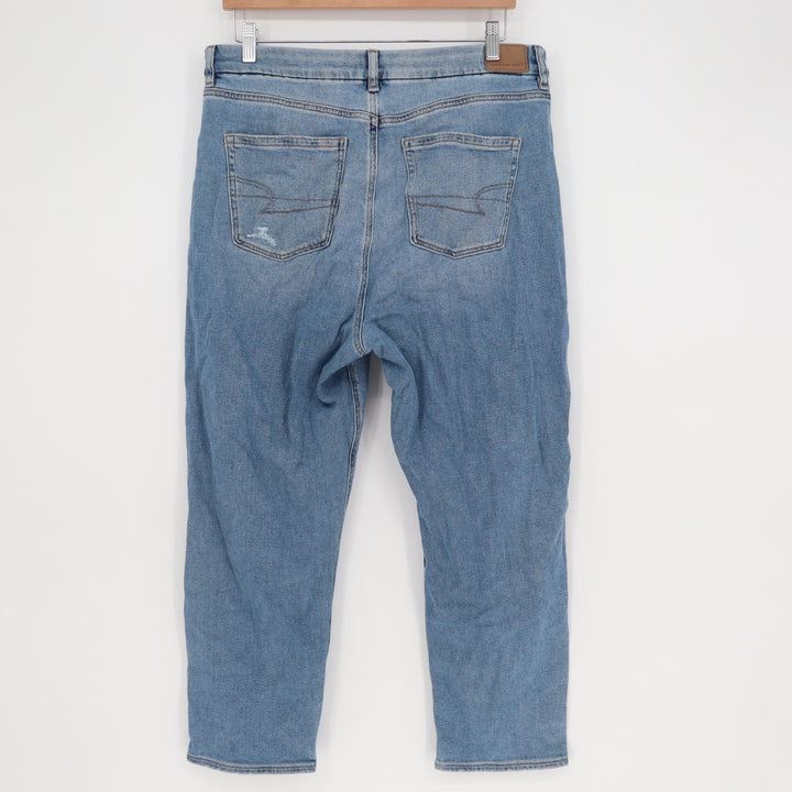 American Eagle Mom Jeans Size 14 Short Light Wash Distressed High Rise Stretch