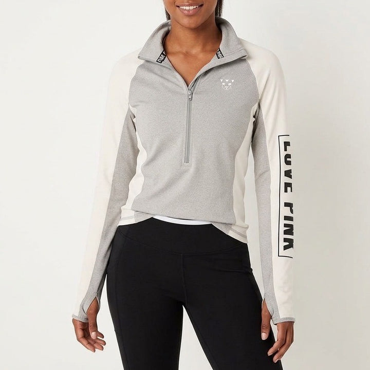 Pink Victoria's Secret Ultimate Jacket Womens Small Gray Beige Stretch Half Zip