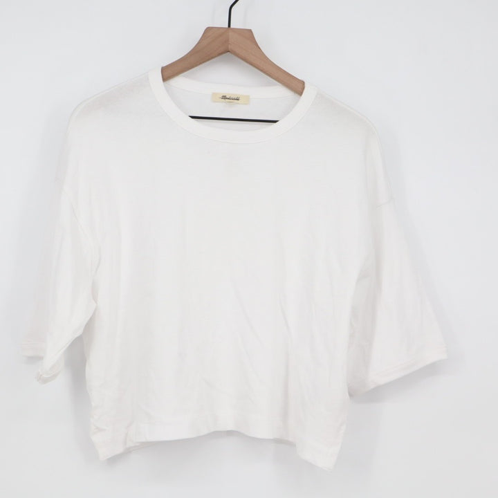 Madewell Crop T-Shirt Women Medium White Cotton Side Slit Crew Neck Short Sleeve