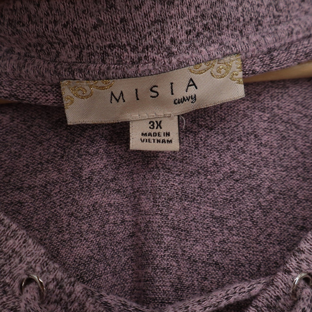MISIA Curvy Womens 3X Marled Pink Lace Up V-Neck Varsity Stripe Top