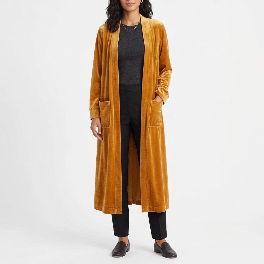 Velvet Duster Coat Womens Medium Orange Patch Pockets Long Sleeve Open Front