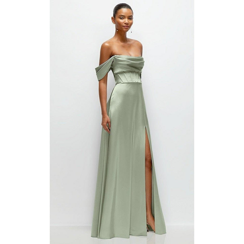 AFTER SIX Sage Green Satin Corset Drape Neck Off Shoulder Maxi Dress Size 12 R