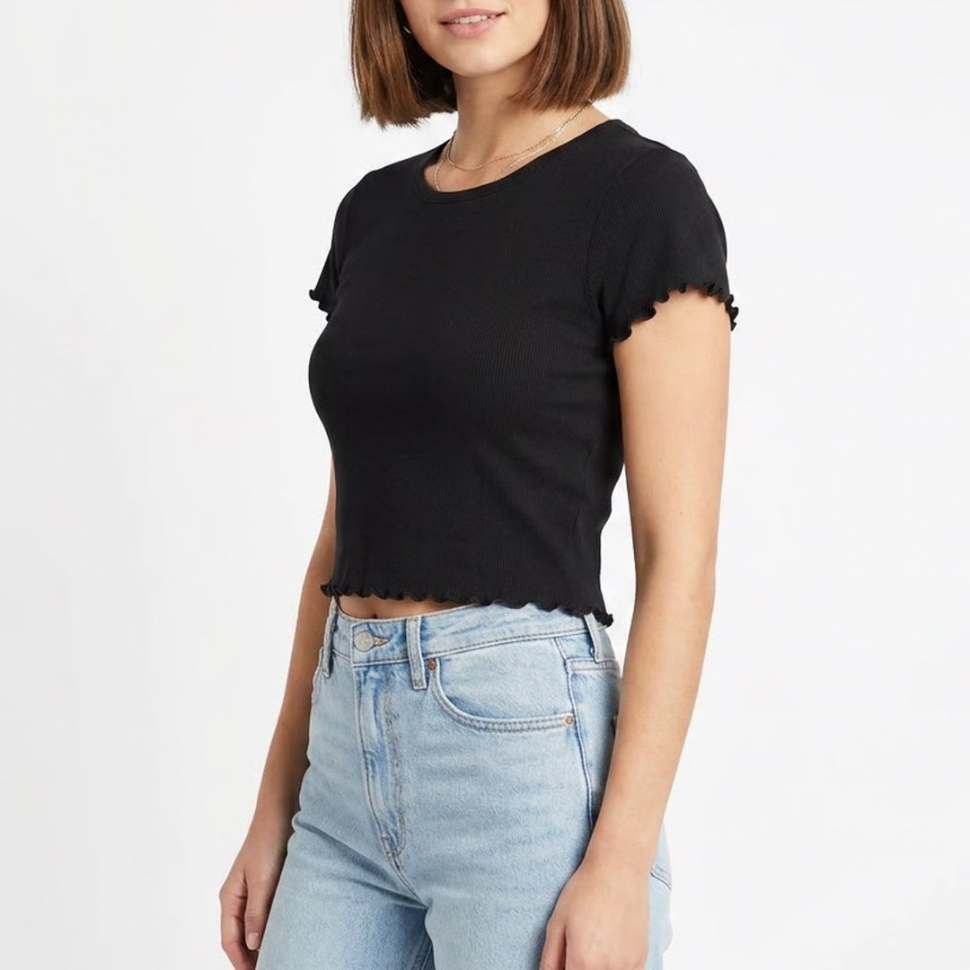 Mossimo Supply Co Womens Black Lettuce Edge Short Sleeve Cotton Tee Large