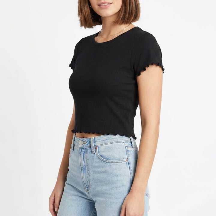 Mossimo Supply Co Womens Black Lettuce Edge Short Sleeve Cotton Tee Large