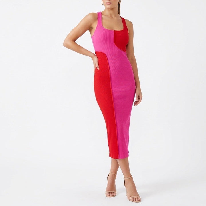 Naked Wardrobe Pink Red Colorblock Ribbed Midi Bodycon Dress XS