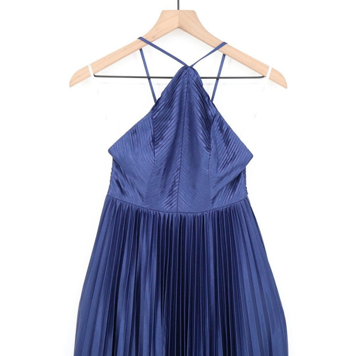 Lulus Elaborate Charm Maxi Dress Womens Navy Blue Satin Pleated Adjustable Strap