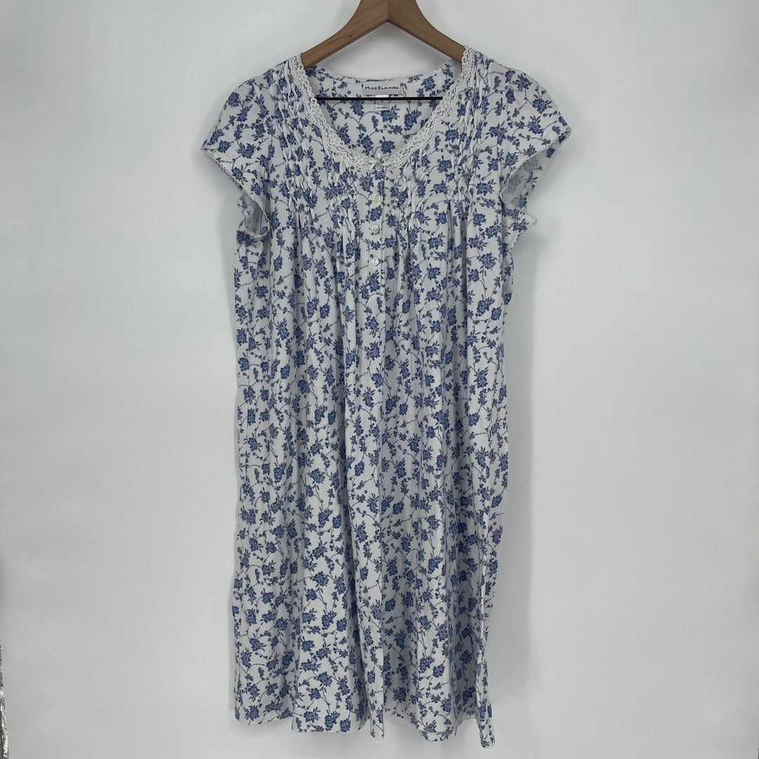 Miss Elaine Womens Blue Floral Nightgown Short Sleeve Button Neck Size S