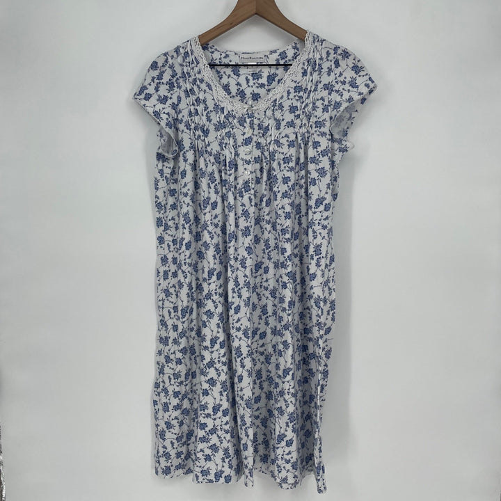 Miss Elaine Womens Blue Floral Nightgown Short Sleeve Button Neck Size S