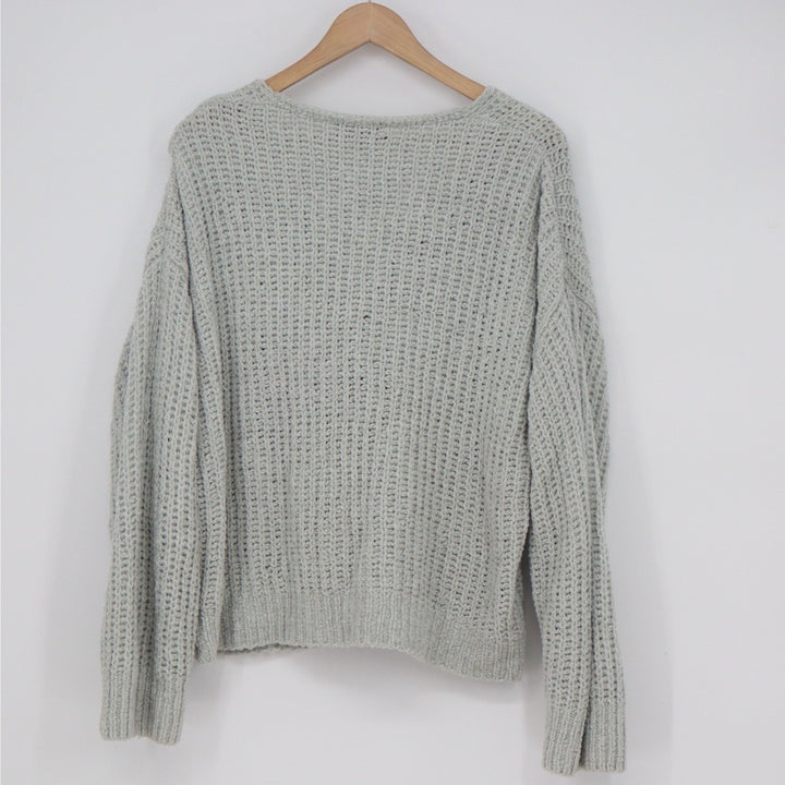 Express Womens Sage Green Chenille V-Neck Textured Knit Sweater Size S