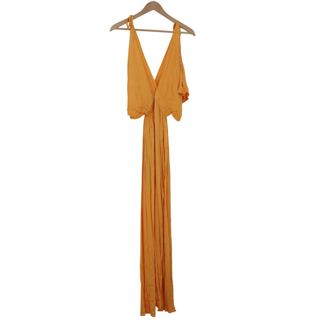 Orange Deep V-Neck Sleeveless Maxi Dress Cinched Waist Textured Rayon Size M