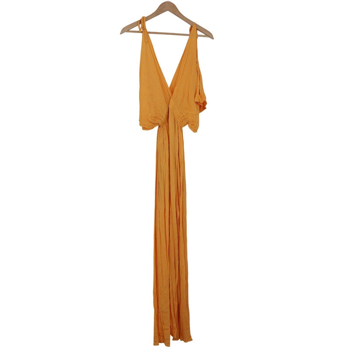 Orange Deep V-Neck Sleeveless Maxi Dress Cinched Waist Textured Rayon Size M