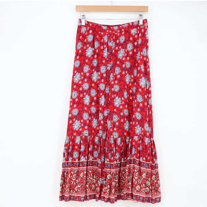 Mango Maxi Skirt Womens S Casual Red Floral Tiered Bohemian Long Excellent
