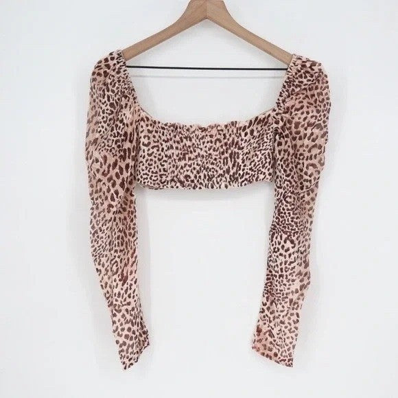 Naked Wardrobe Leopard Print Twist Front Crop Top Long Sleeve Brown  M