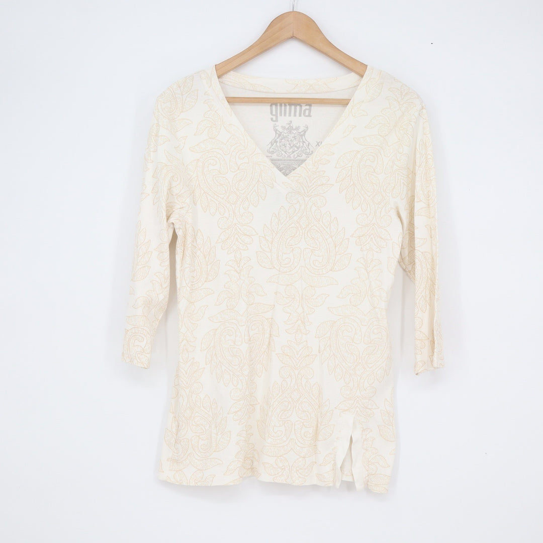 Olima Womens XL Cream Tan Paisley Damask V-Neck 3/4 Sleeve Cotton Top USA Made