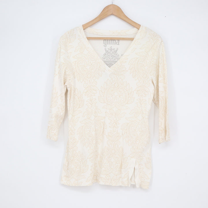 Olima Womens XL Cream Tan Paisley Damask V-Neck 3/4 Sleeve Cotton Top USA Made