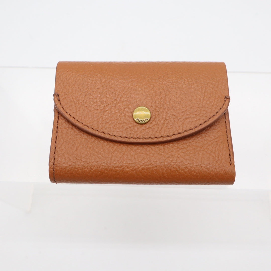 Fossil Tan Pebbled Leather Trifold Compact Wallet with Coin Pouch Brass Snap