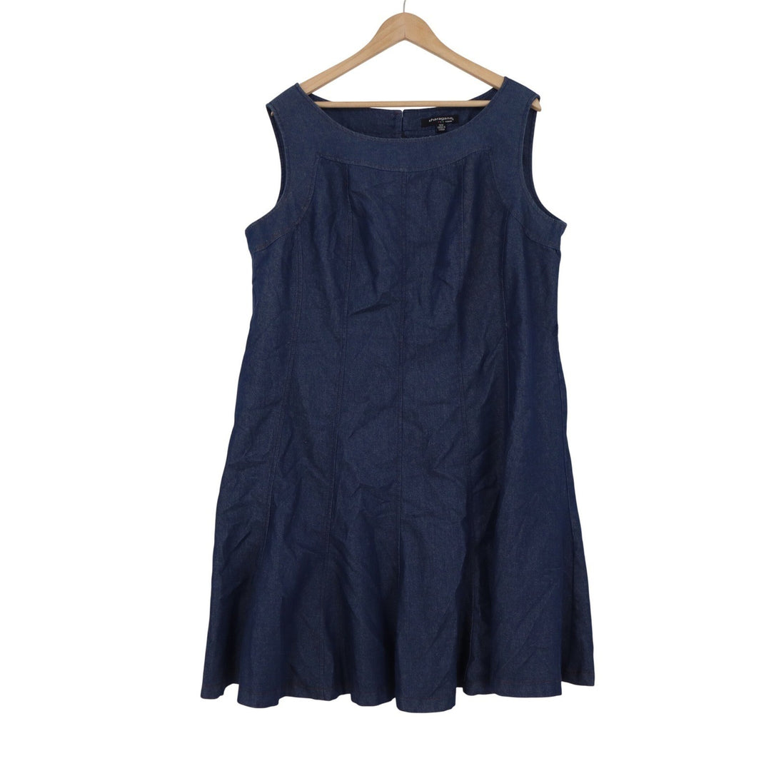 Sharagano Woman Dark Wash Denim Fit & Flare Sleeveless Dress 18W Blue Scoop Neck