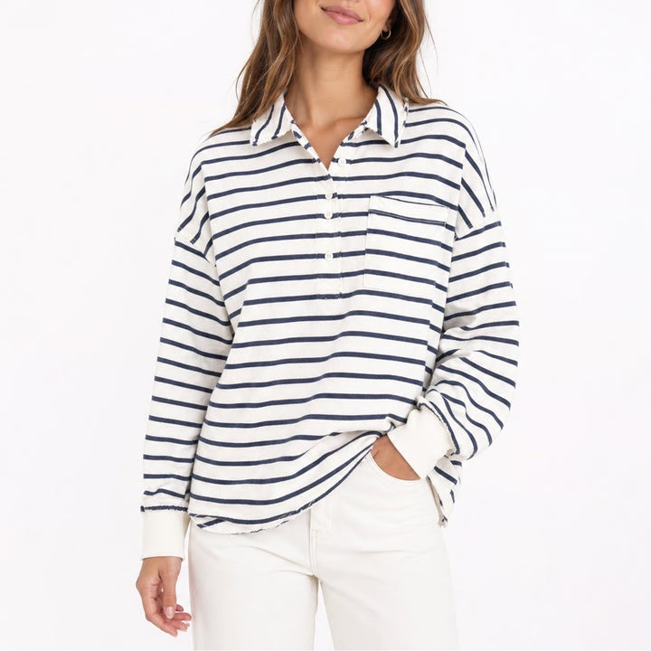Aerie Women's Navy White Striped Long Sleeve Polo Shirt Cotton Relaxed XS