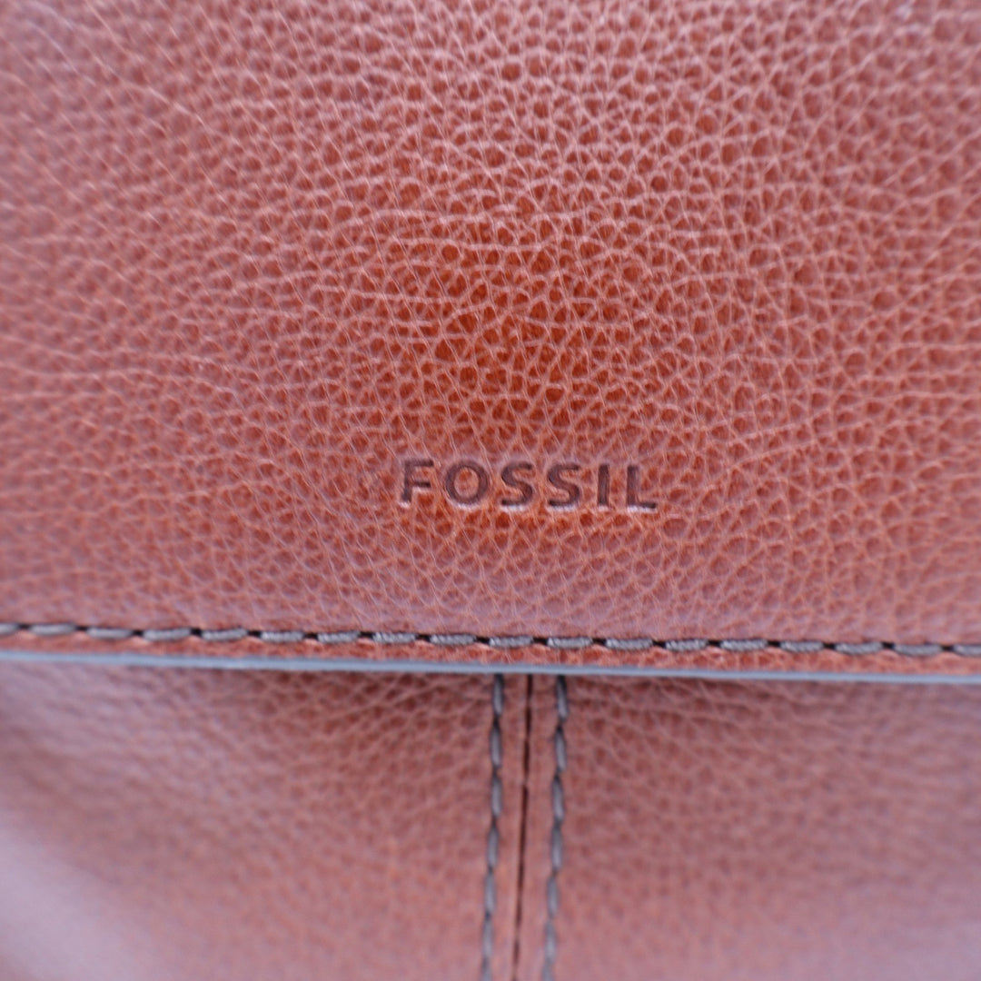 Fossil Women Brown Pebbled Leather Flap Backpack Handbag Cognac