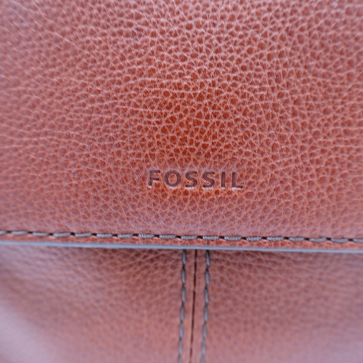 Fossil Women Brown Pebbled Leather Flap Backpack Handbag Cognac
