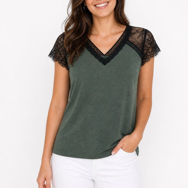 Unbranded Olive Green Lace Trim V-Neck Short Sleeve Top XL Heathered