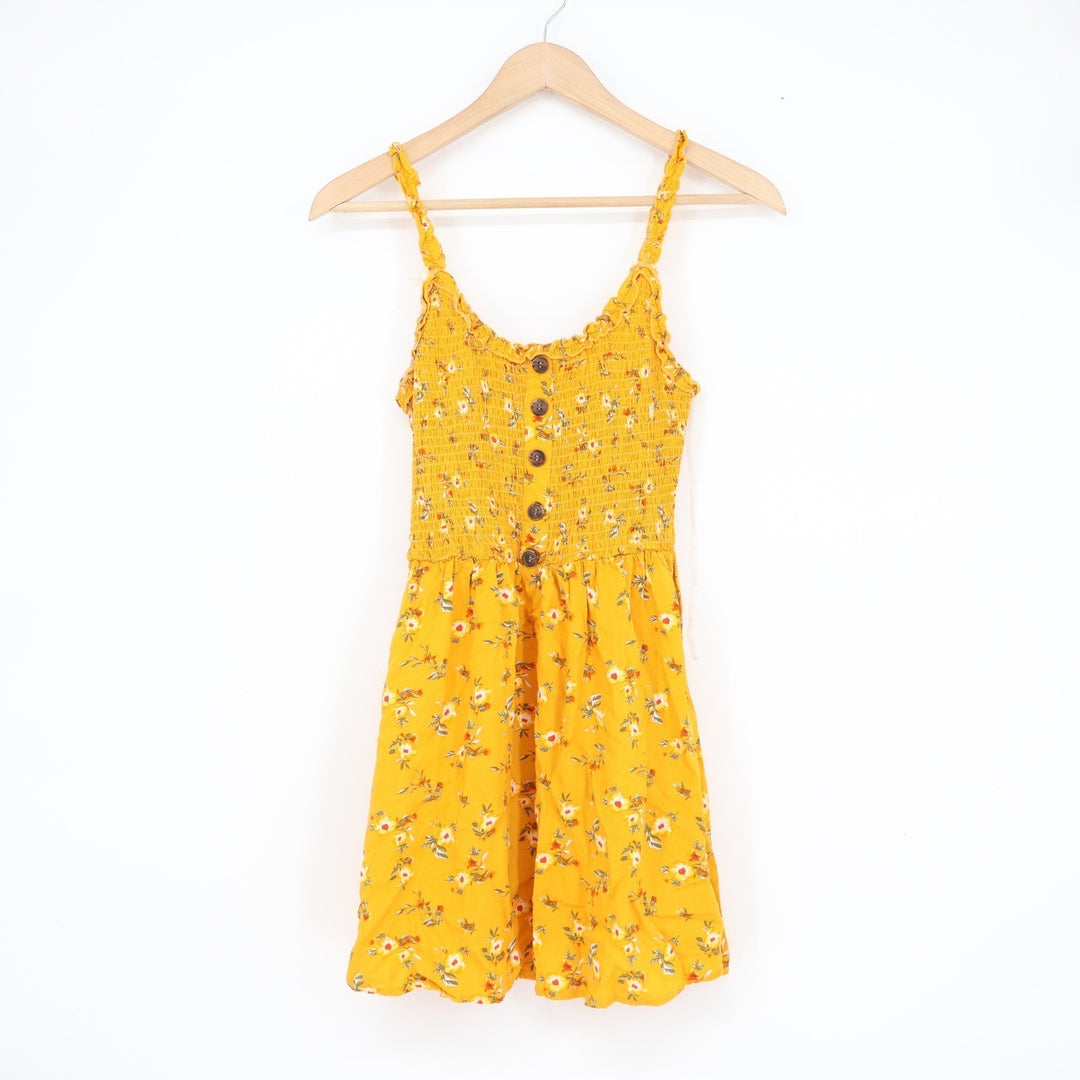 Yellow Floral Smocked Mini Dress Ruffled Straps Button Front Size M