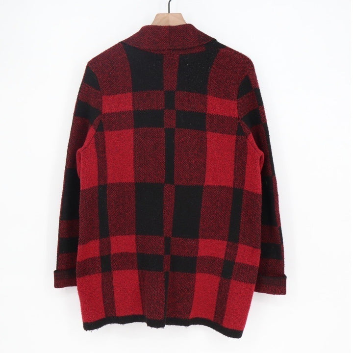 Zoë + Phoebe Cardigan Sweater Womens Large Petite Red Black Plaid Open Front