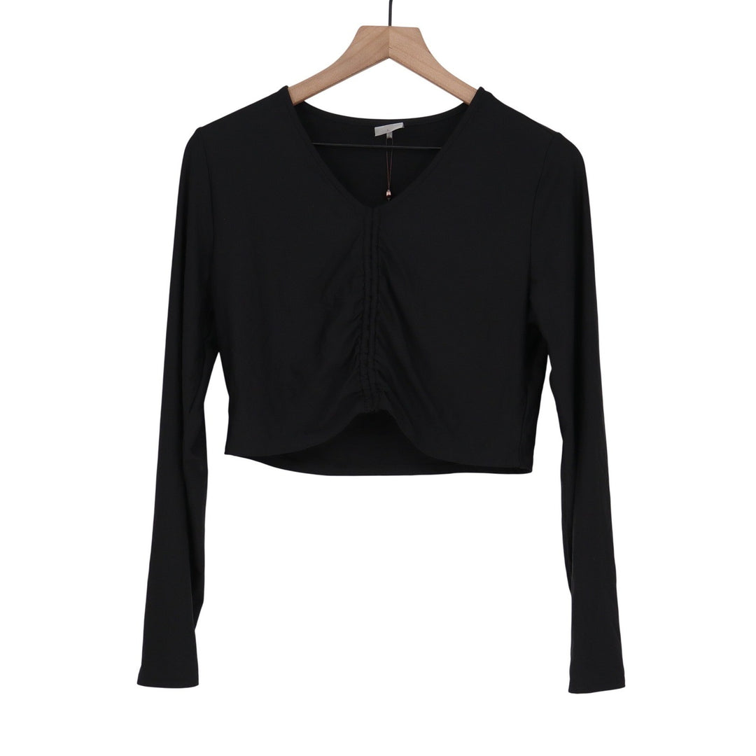 CALIA Womens LS Ruched Rashguard Pure Black UPF 50+ Cropped Swim Top L