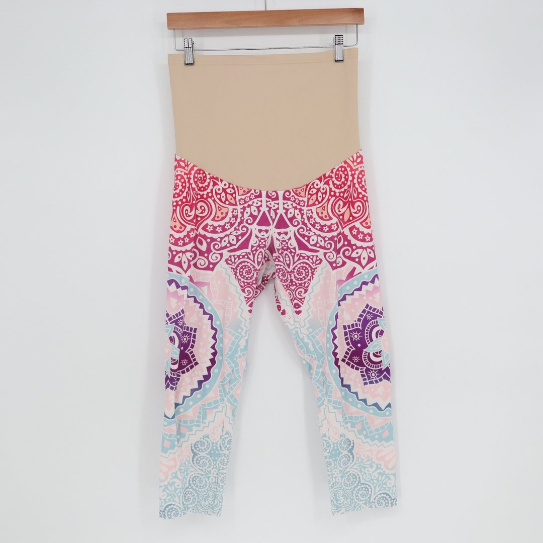 Maternity Crop Leggings Pink Purple Mandala Boho Over Belly Yoga Pants