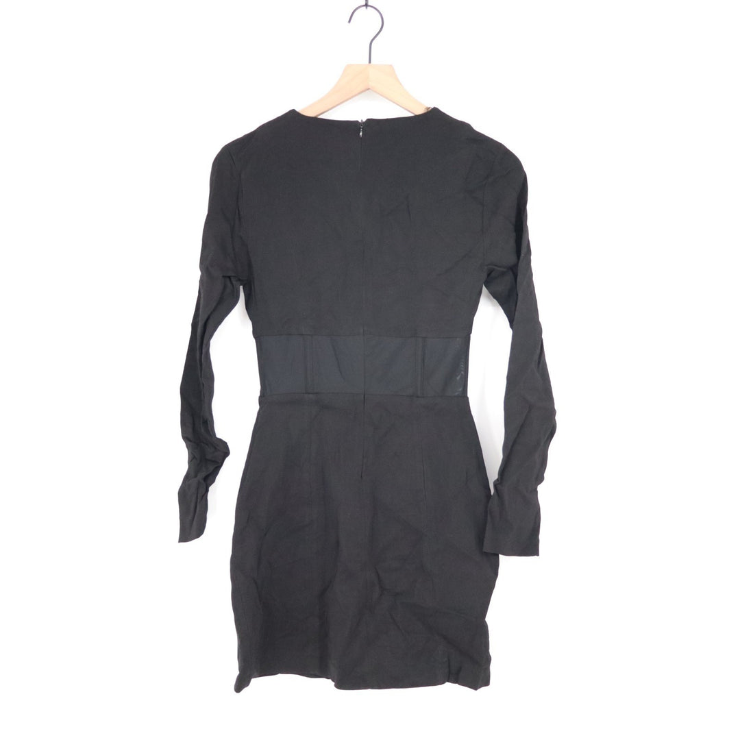 Zara Mini Dress Womens M Black Polyamide Stretch Corset Mesh Waist Long Sleeve