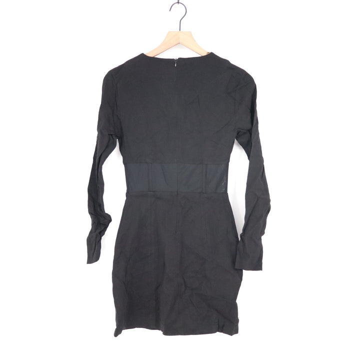 Zara Mini Dress Womens M Black Polyamide Stretch Corset Mesh Waist Long Sleeve