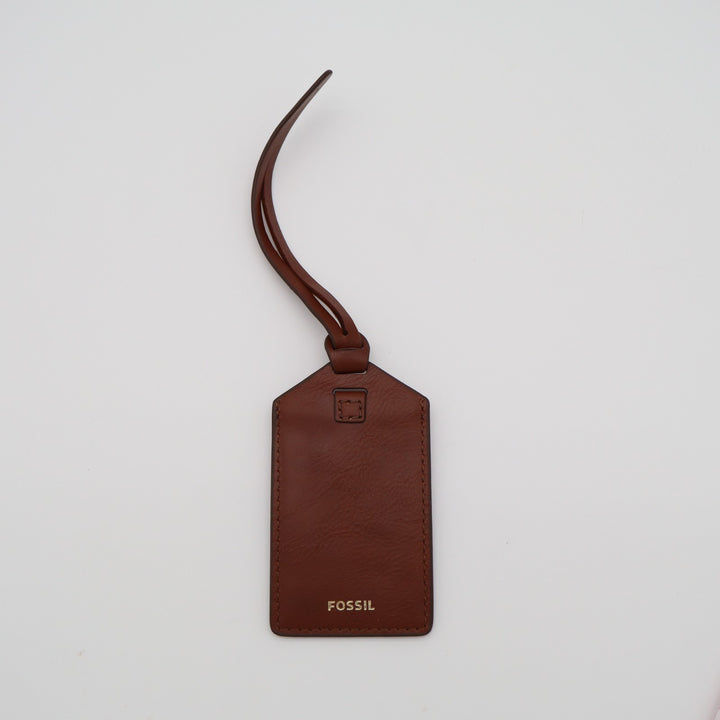 Fossil Brown Pebbled Leather Luggage Tag Bag ID Name Card Holder Slide Pocket