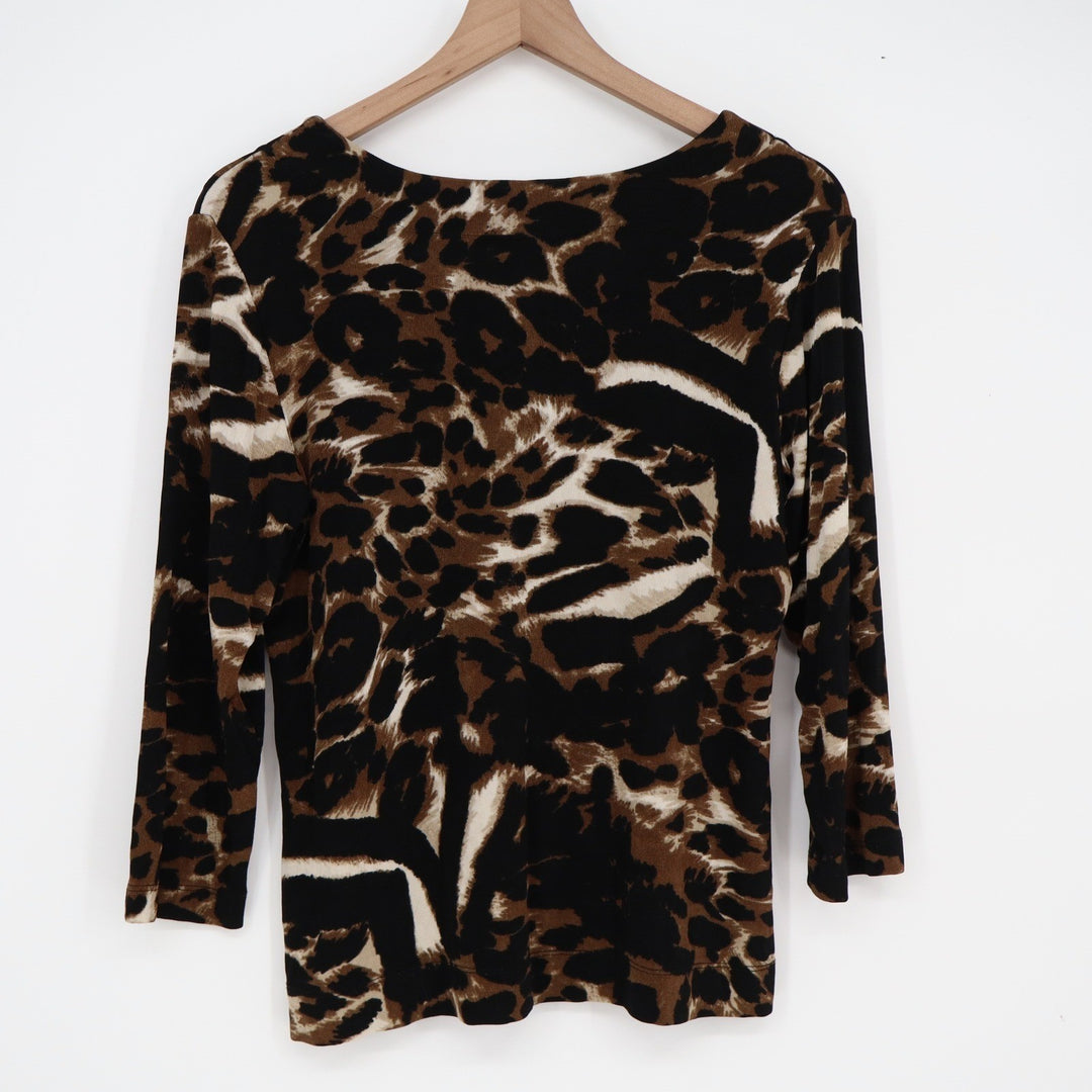 Chicos Travelers Animal Print 3/4 Sleeve Scoop Neck Top Brown Black Size 1